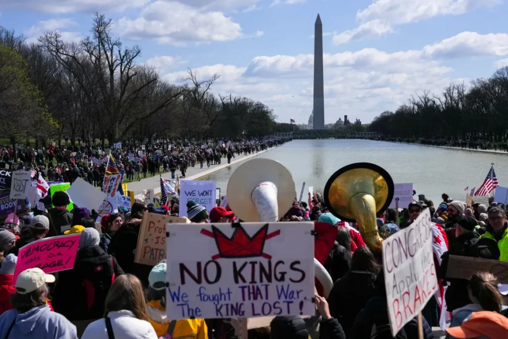 No Kings Protests rally near the National Mall Reflecting Pool during major demonstrations